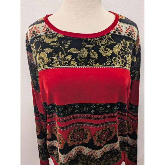White Stag Black/Red Crushed Velvet Christmas Floral Print Long Sleeve Top sz L - Picture 5 of 11